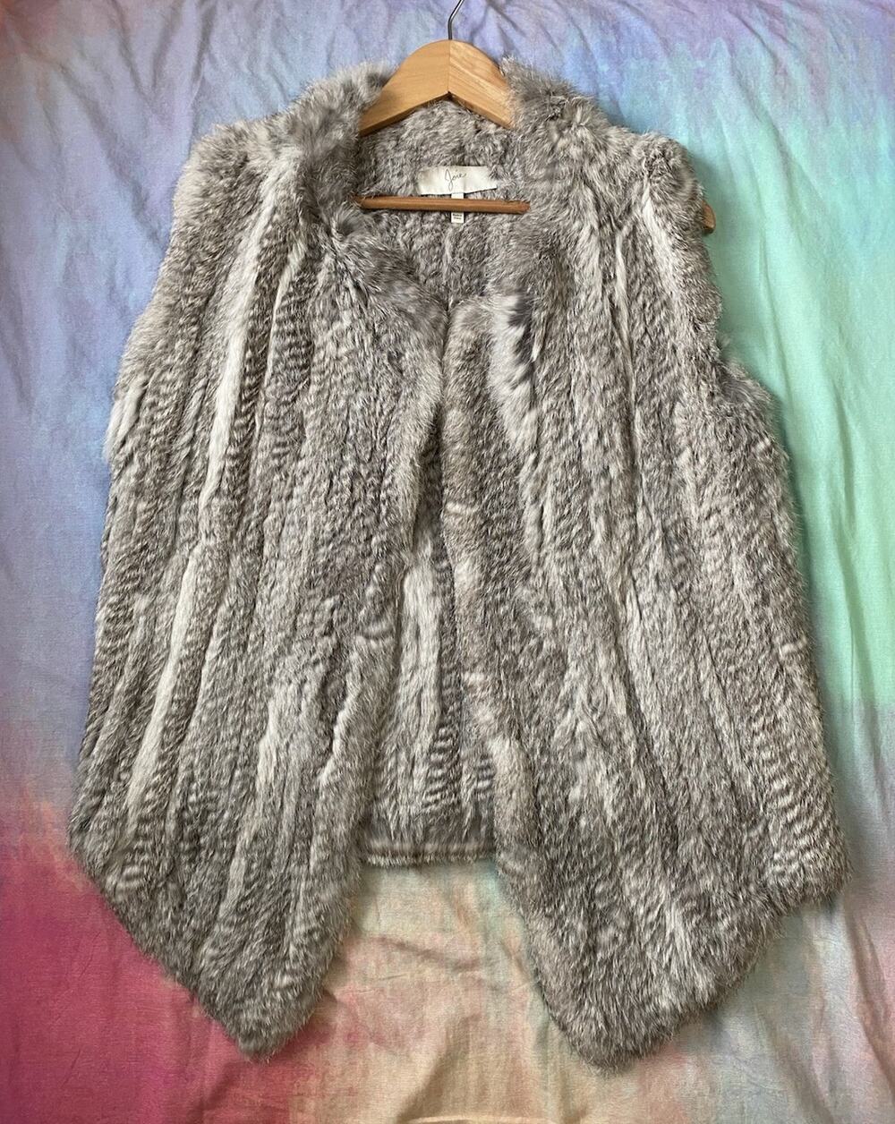 JOIE Andoni Rabbit Fur Vest Draped Front Gray Cream Boho Luxe Indie Sleaze Sz S